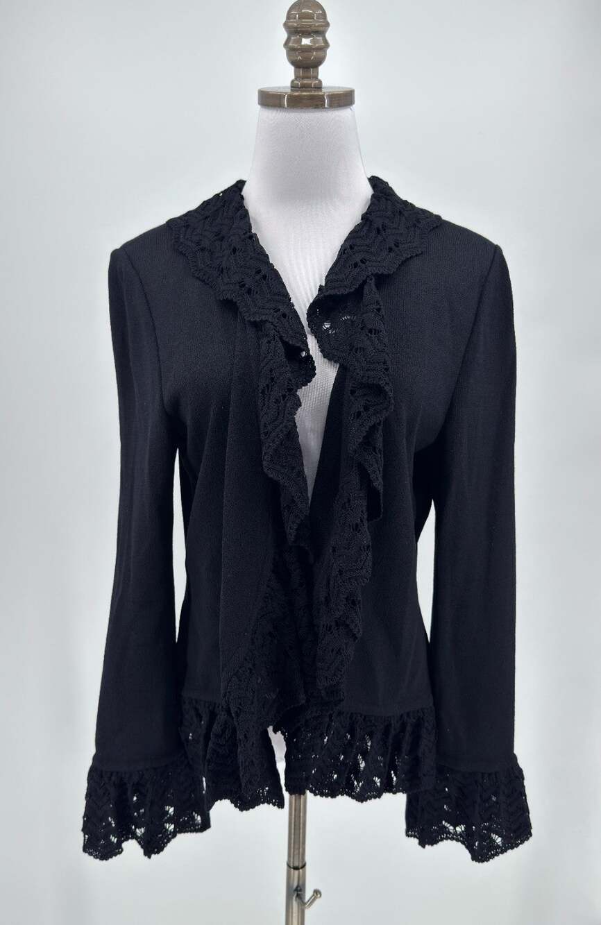 Vintage St. John Collection Black Crochet Lace Trim Ruffle Knit Cardigan Sz 12